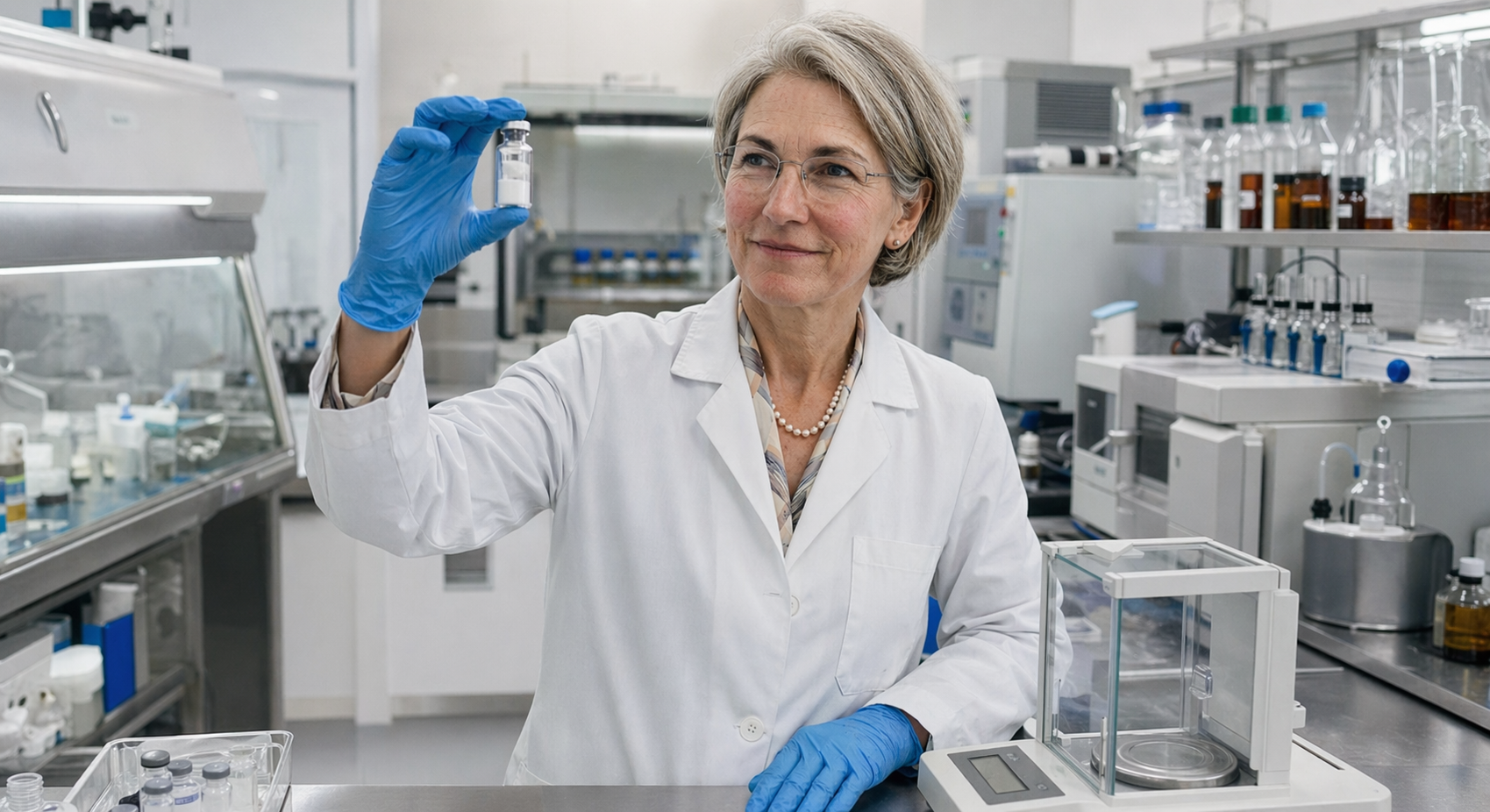 Dr. Sieglinde Klaus inspecting a peptide sample in the Bergdorf laboratory, with an analytical balance and HPLC equipment in the background