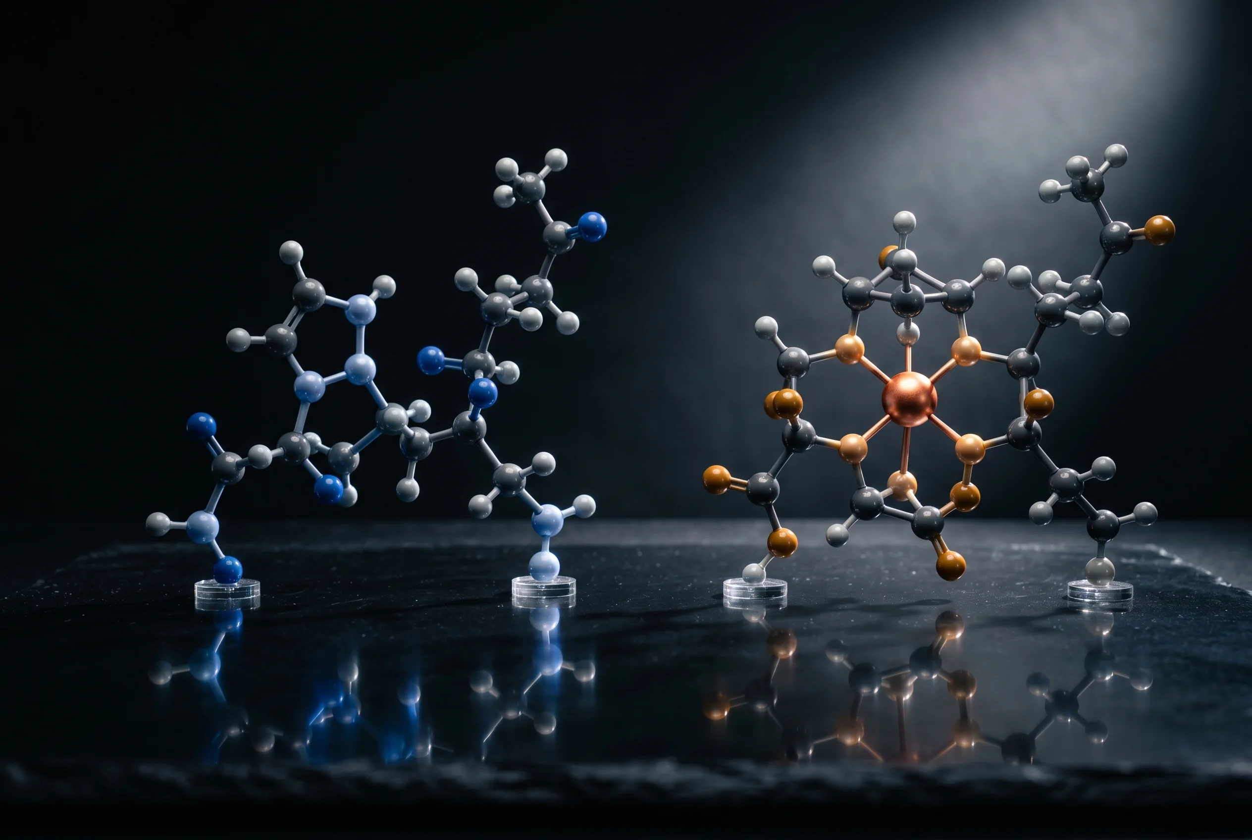 Schematische Gegenueberstellung der Wirkmechanismen von BPC-157 und GHK-Cu als Molekuelmodelle