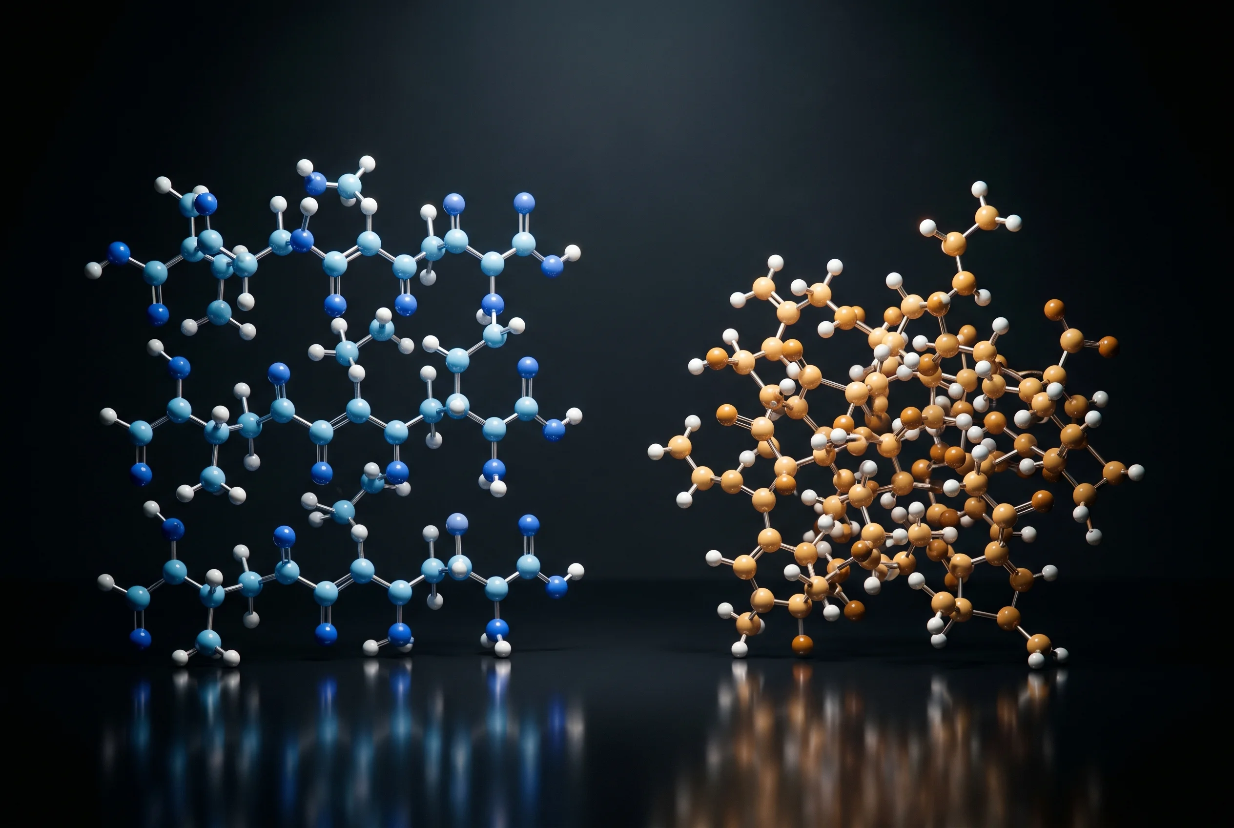 Schematische Gegenueberstellung der Wirkmechanismen von Glow Stack und TB-500 + BPC-157 Blend als Molekuelmodelle