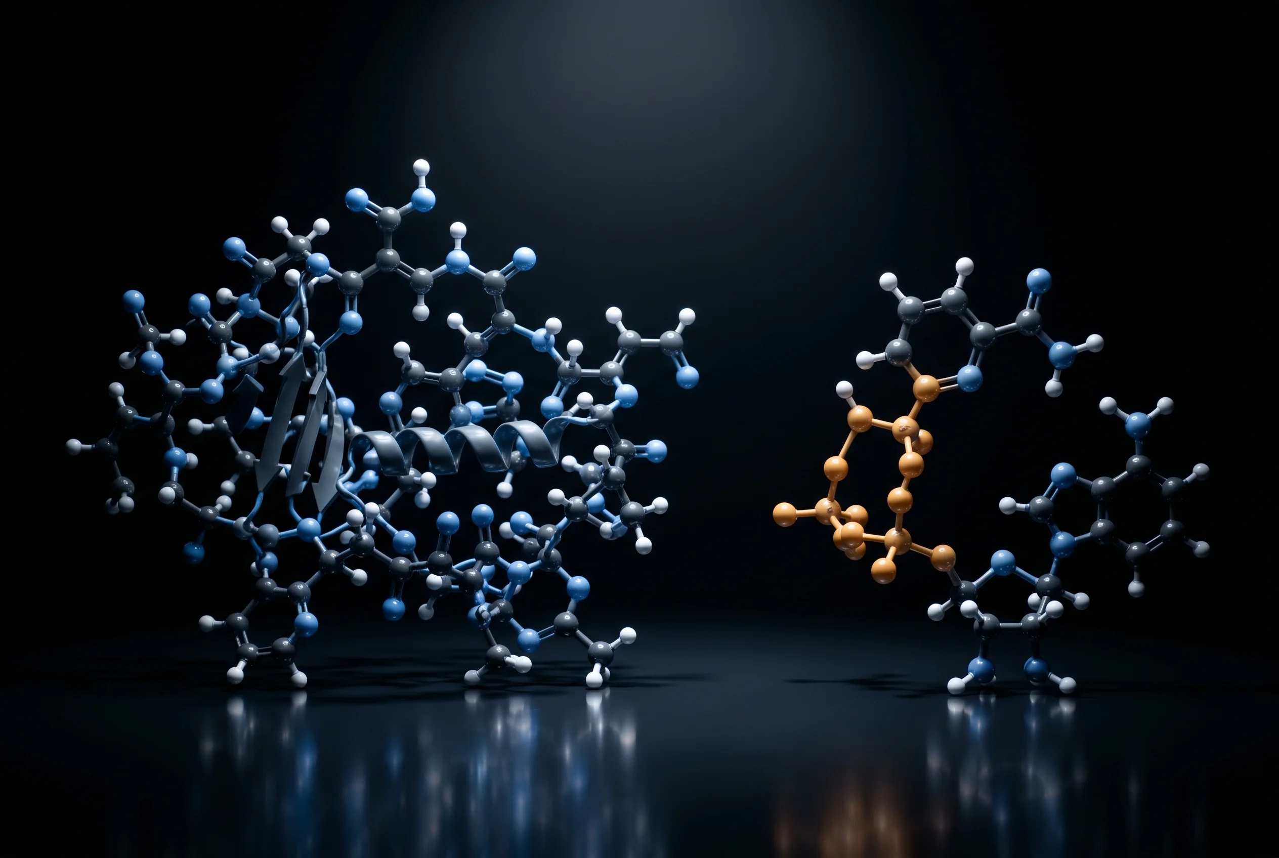 Schematische Gegenueberstellung der Wirkmechanismen von MOTS-c und NAD+ als Molekuelmodelle