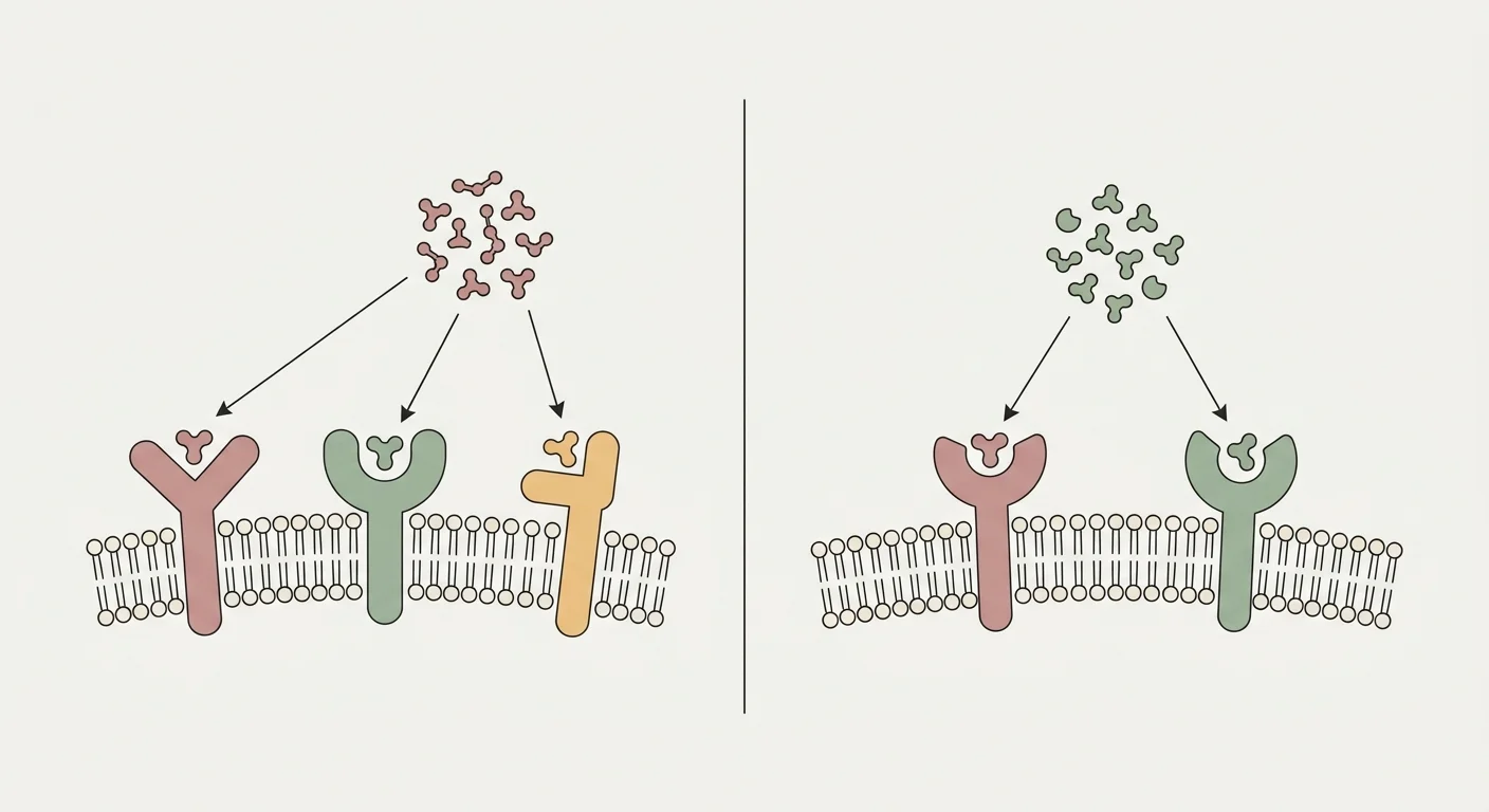 Schematische Darstellung der Rezeptorbindung: Retatrutid bindet links GLP-1R, GIPR und GCGR; Tirzepatid bindet rechts GLP-1R und GIPR