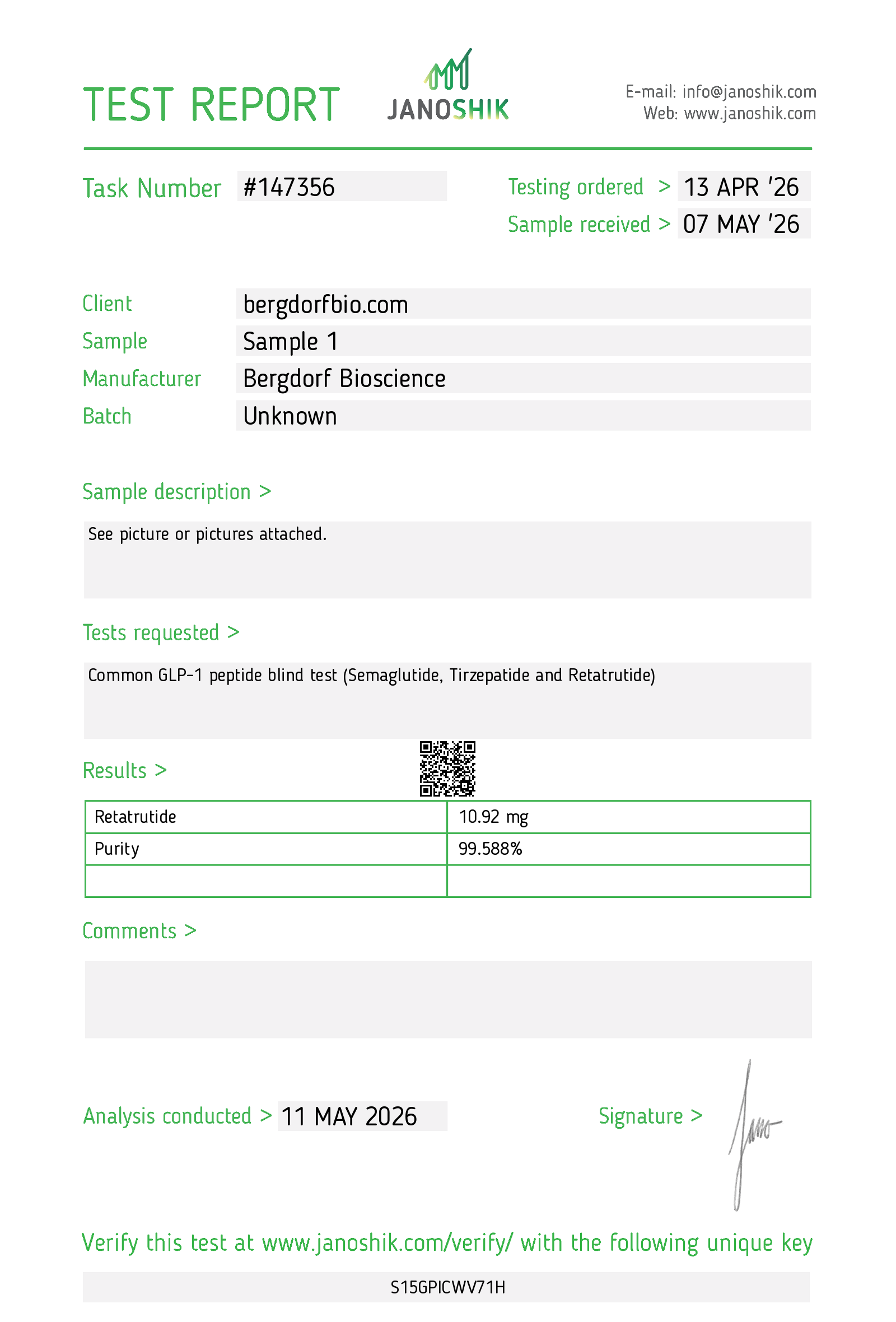 Janoshik test report Retatrutide